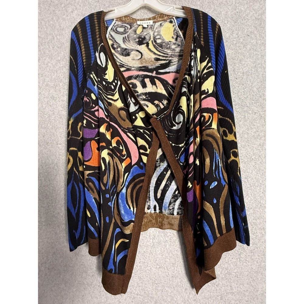 Adore‎ Cardigan Sweater Womens M Multicolor Abstract Art Knit Open Front